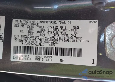 2012 Toyota Tundra Grade 5.7L V8 z USA, uszkodzony, nr VIN 5TFRY5F14CX127813